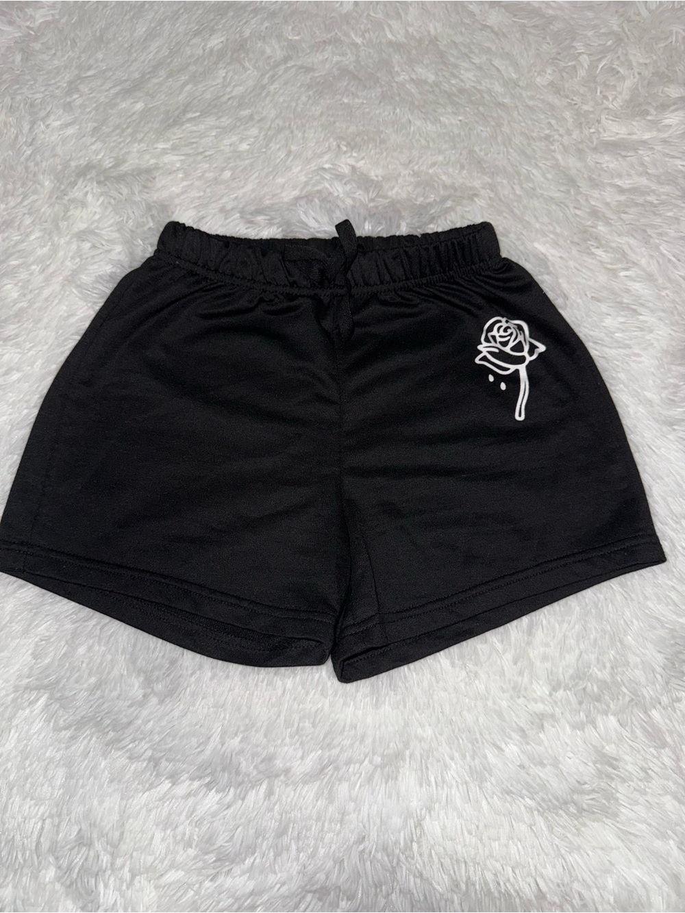 SHEIN Black Athletic Drawstring Shorts with White Rose Print